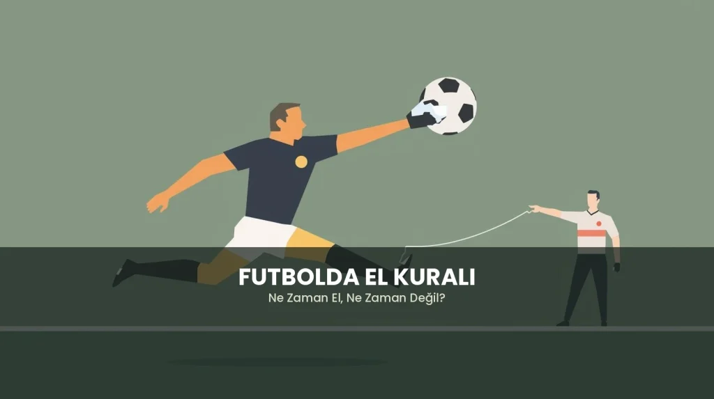 Futbolda el kuralı rehberi kapak görseli: hakem figürü ve futbol topu ile elle oynama kurallarını anlatan minimalist infografik