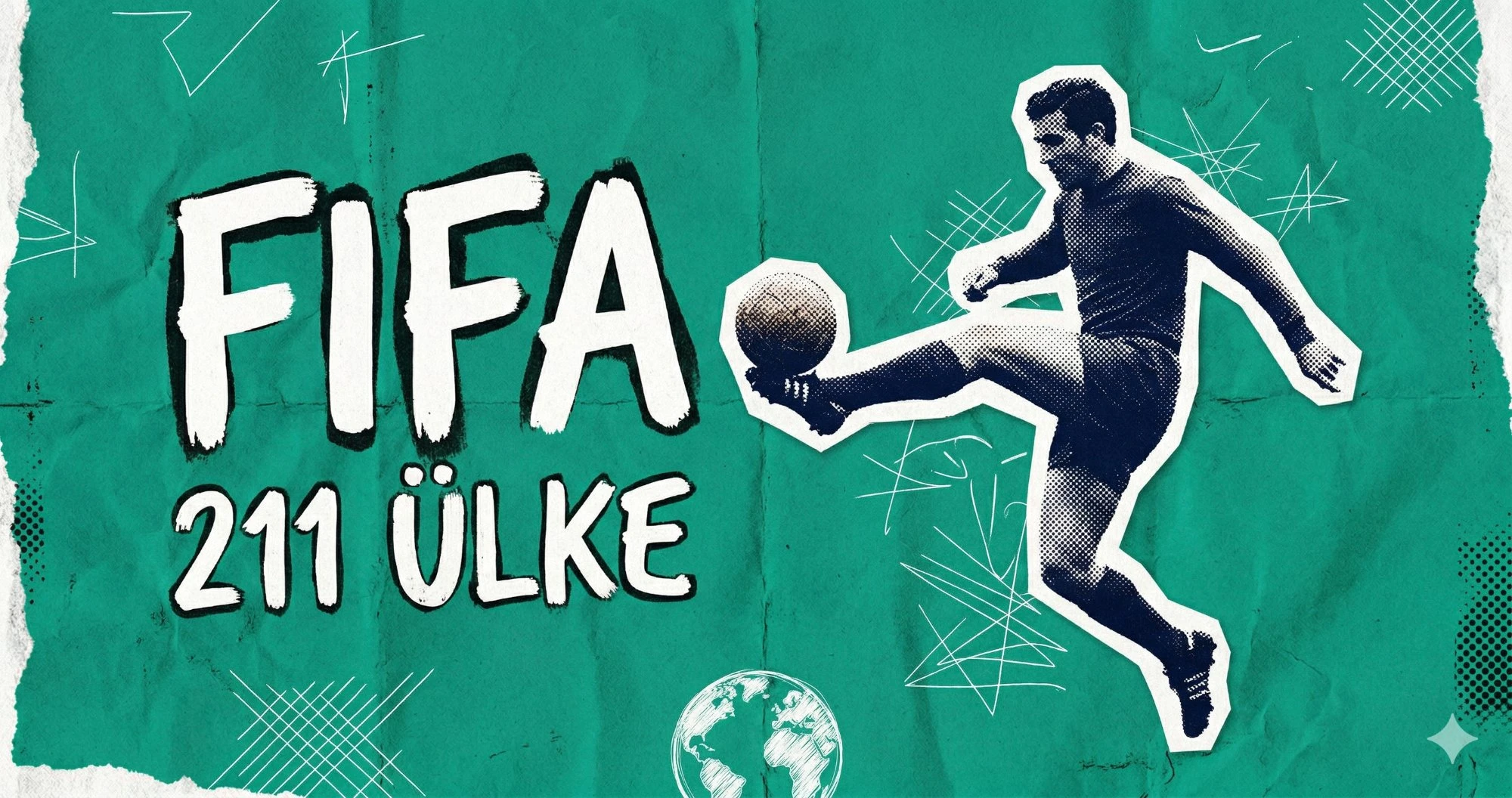 FIFA açılımını temsilen top vuran futbolcu silueti, retro kolaj tarzında teal zemin üzerinde