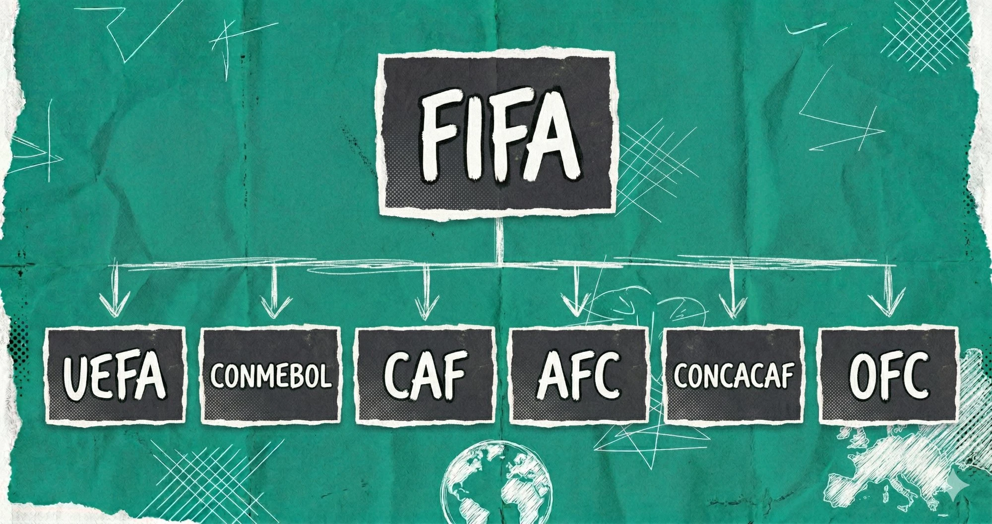 FIFA üst kuruluş olarak altı kıta konfederasyonuna bağlanan hiyerarşi diyagramı: UEFA, CONMEBOL, CAF, AFC, CONCACAF, OFC
