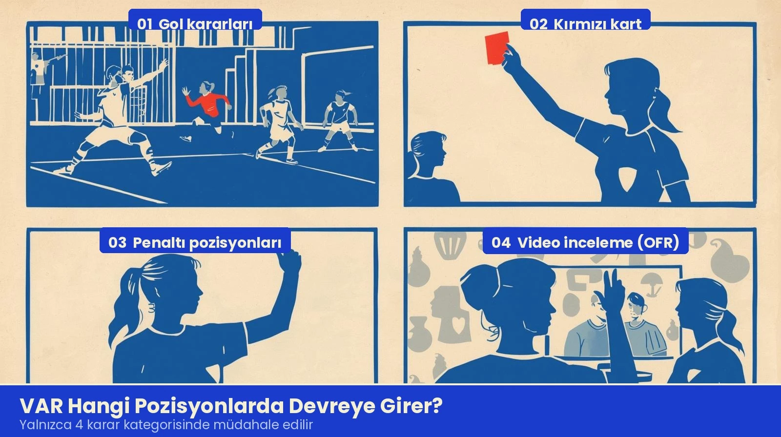 VAR sisteminin devreye girdiği dört pozisyonu gösteren çizgi roman panelli illüstrasyon: gol, kırmızı kart, penaltı ve video inceleme