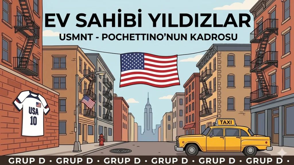 ABD milli takımı Pochettino kadrosu görseli, New York sokak sahnesi USA bayrağı ve forma