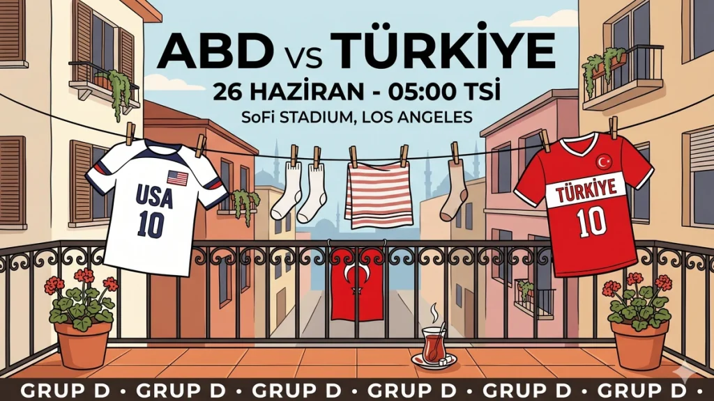ABD - Türkiye MUNDIAL 2026 D Grubu maçı kapak görseli, Türk balkonu çamaşır ipinde USA ve Türkiye formaları