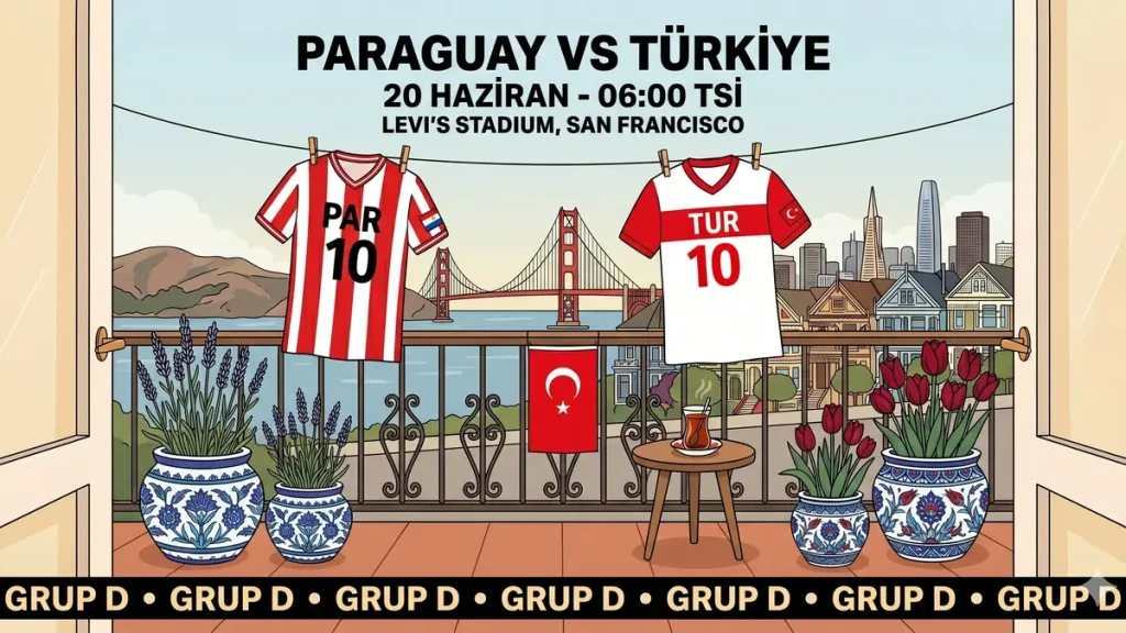 Paraguay Türkiye Mundial 2026 D Grubu maçı 20 Haziran kapak görseli PAR TUR formaları balkon San Francisco Golden Gate