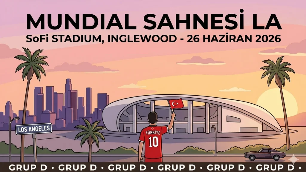 SoFi Stadium Los Angeles Mundial 2026 görseli, Türk taraftar bayrakla stadyuma yürüyor