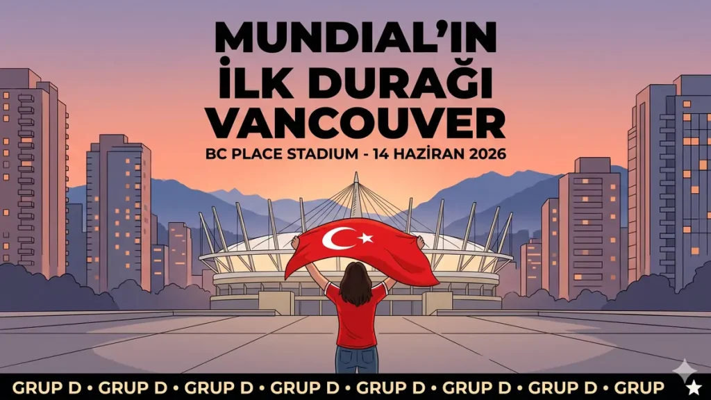 BC Place Stadium Vancouver Mundial 2026 ilk durak Türk taraftar bayrak gün batımı 14 Haziran Türkiye Avustralya açılış maçı