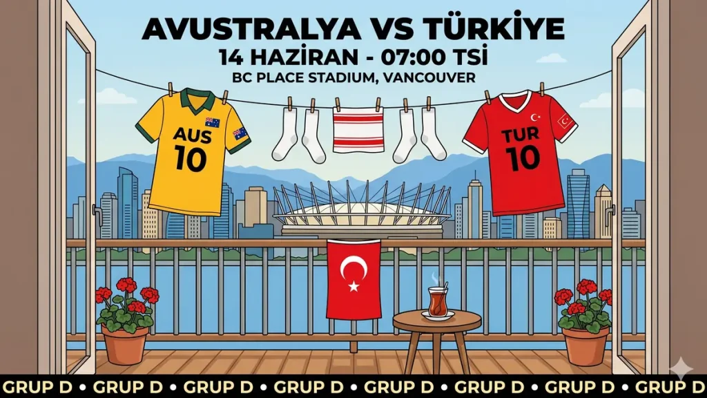 Avustralya Türkiye Mundial 2026 D Grubu açılış maçı 14 Haziran kapak görseli AUS TUR formaları balkon Vancouver BC Place