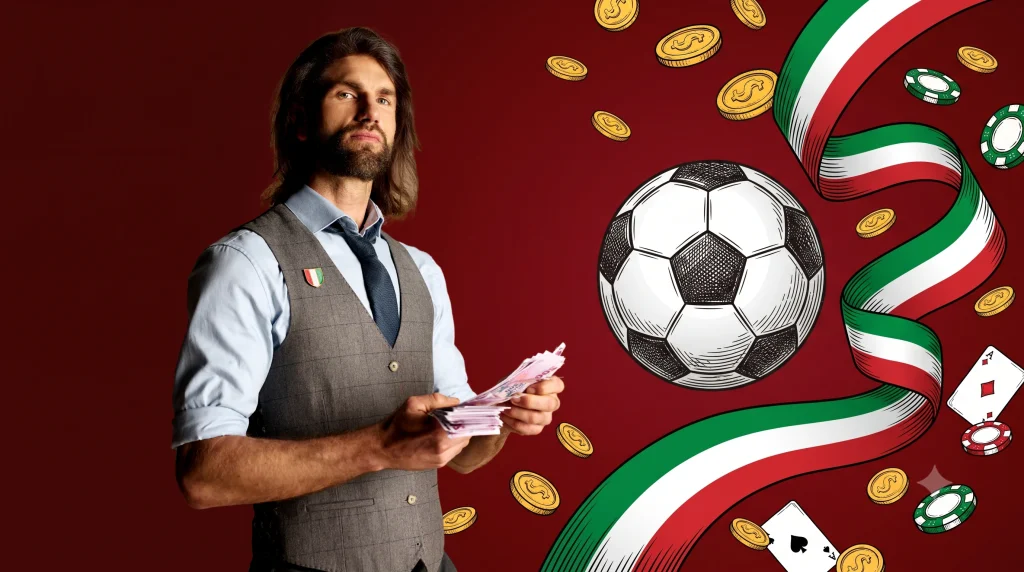 Betelli giriş için İtalyan tutkusunu temsil eden karakter, futbol topu ve tricolore temalı görsel
