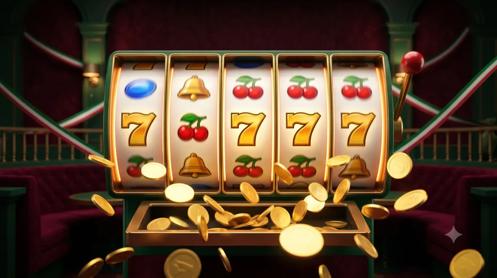 En çok kazandıran slot oyunları temalı altın yedili slot makinesi ve dökülen paralar