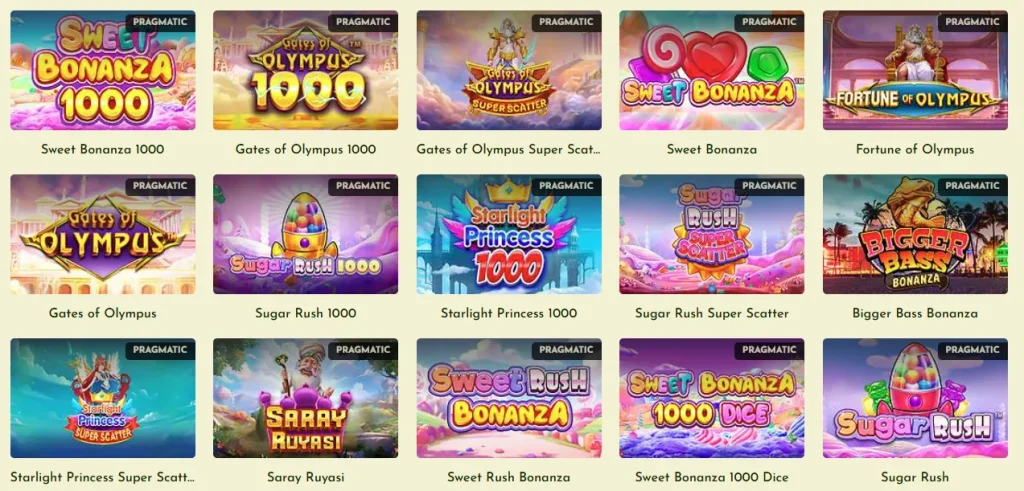Freespin veren siteler arasında Betelli'nin Pragmatic slotları: Sweet Bonanza 1000, Gates of Olympus 1000, Sugar Rush 1000